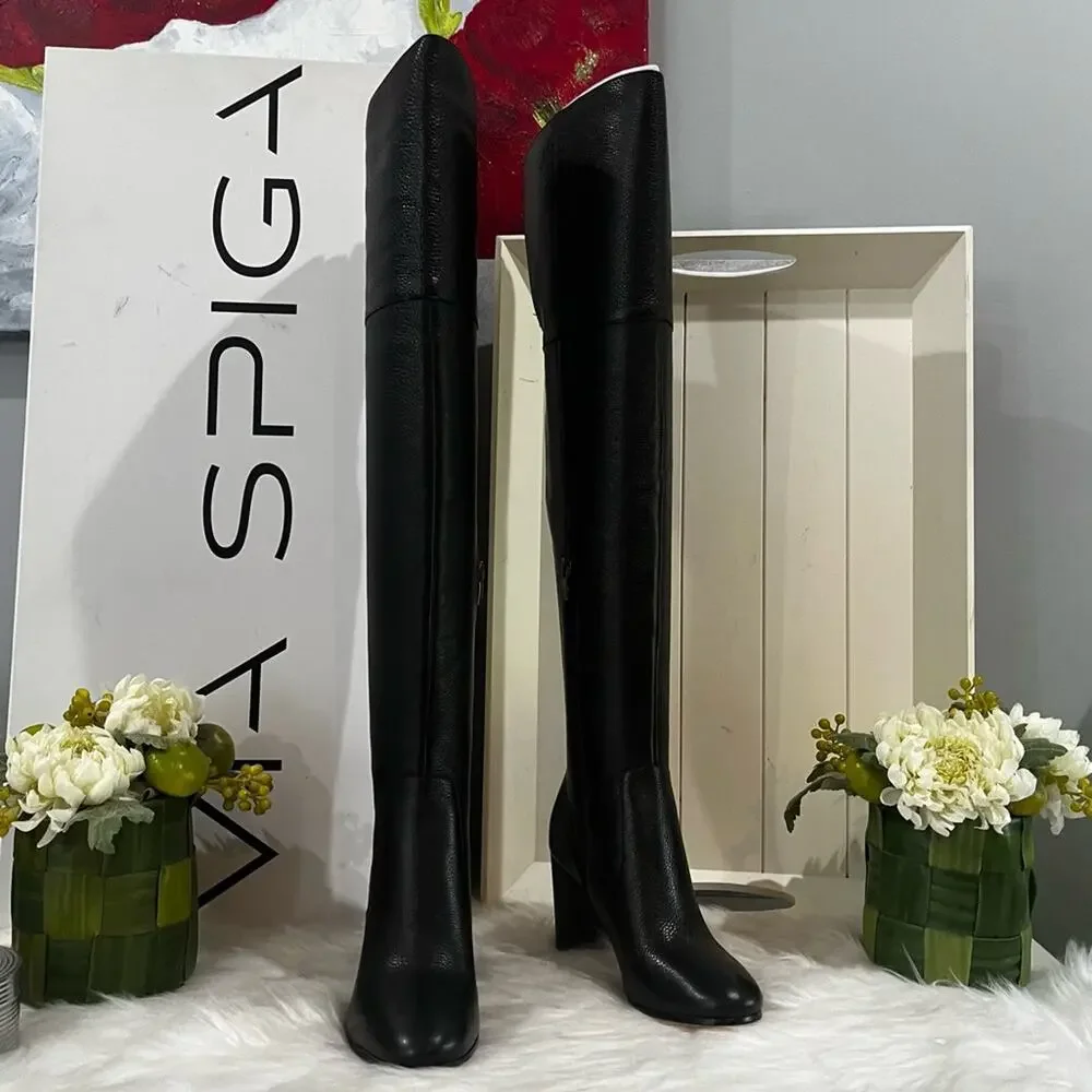 NEW Via Spiga Pebbled Leather Over The Knee OTK Chunky Heel Almond Boots 5.5 NIB